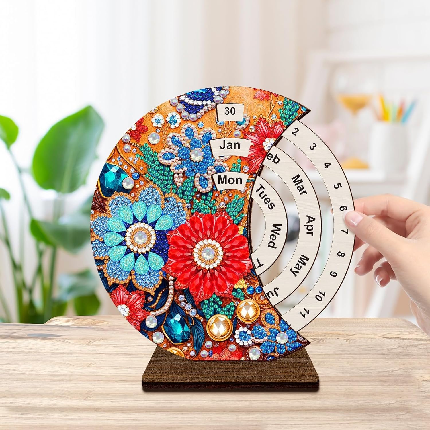 DIY Diamond Perpetual Calendar Diamond Art Painting Wooden Manual Rotating Calendar Ornament Desk Round Perpetual Calendar