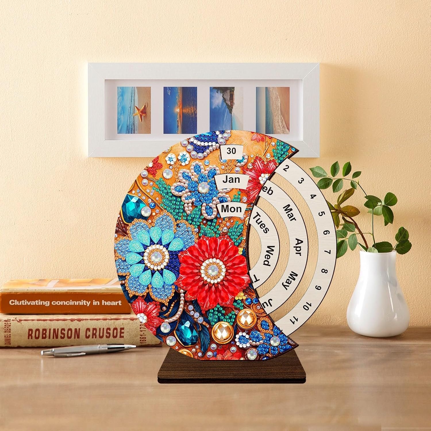 DIY Diamond Perpetual Calendar Diamond Art Painting Wooden Manual Rotating Calendar Ornament Desk Round Perpetual Calendar