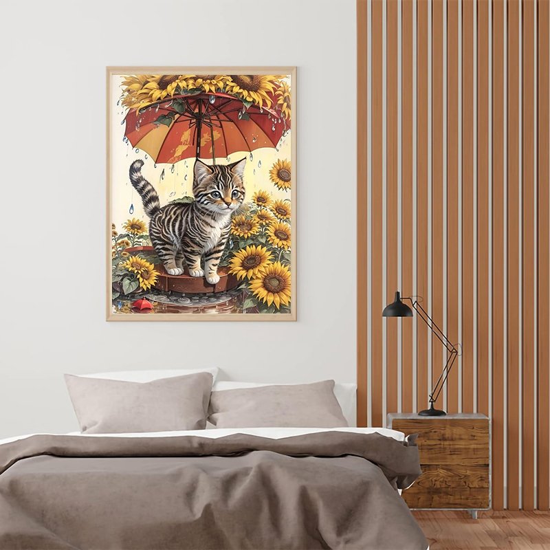 5d Diamond Painting Cat Sunflowers in Rainy Day ab Drills Diamond Painting Art Kit