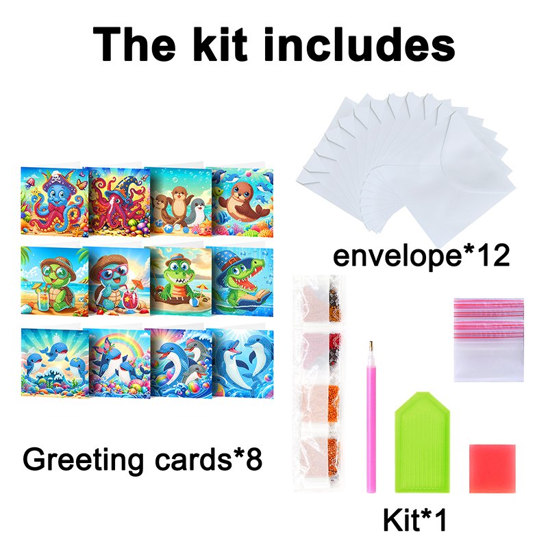 Diamond Painting Greeting Cards DIY Holiday Gifts Cute Marine Animals 12pcs Set Custom Greeting Cards with Envelopes
