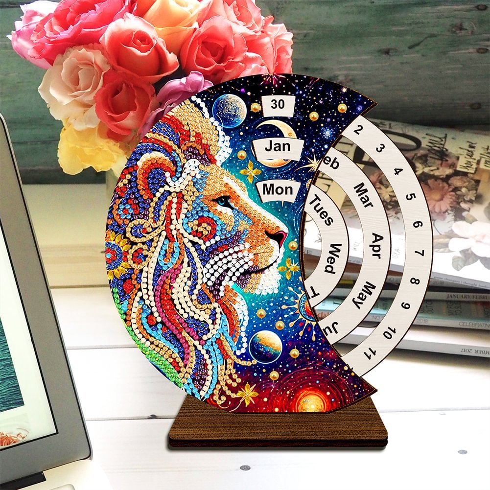 2025 new arrival Wooden Flower Lion Perpetual Calendar 5D DIY Craft Ornament Kit