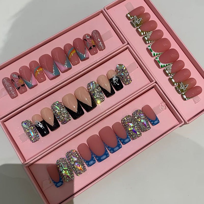 10 pcs Smooth luxury coffin Beautiful flowers Freehand painting full-cover wholesale artificial diamond hand-pressed nails