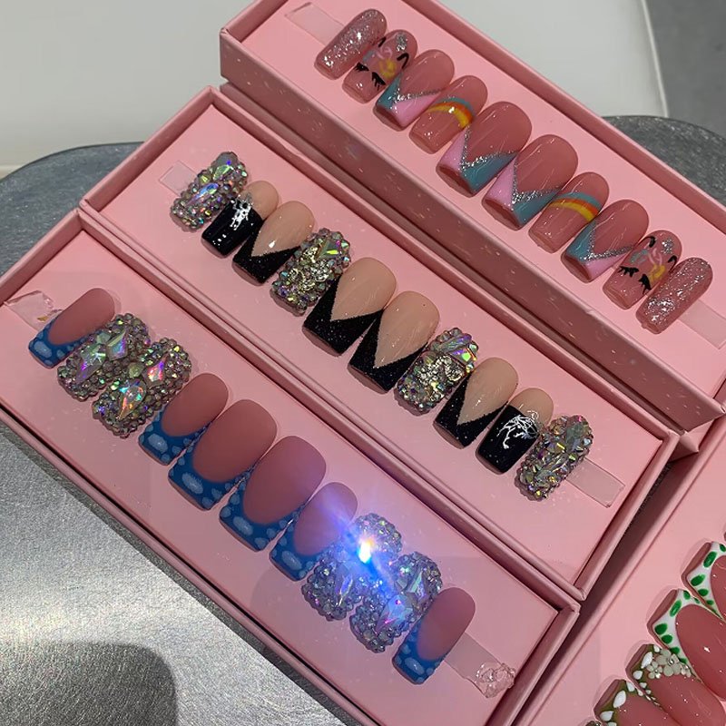 10 pcs Smooth luxury coffin Beautiful flowers Freehand painting full-cover wholesale artificial diamond hand-pressed nails