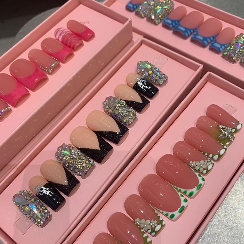 10 pcs Smooth luxury coffin Beautiful flowers Freehand painting full-cover wholesale artificial diamond hand-pressed nails