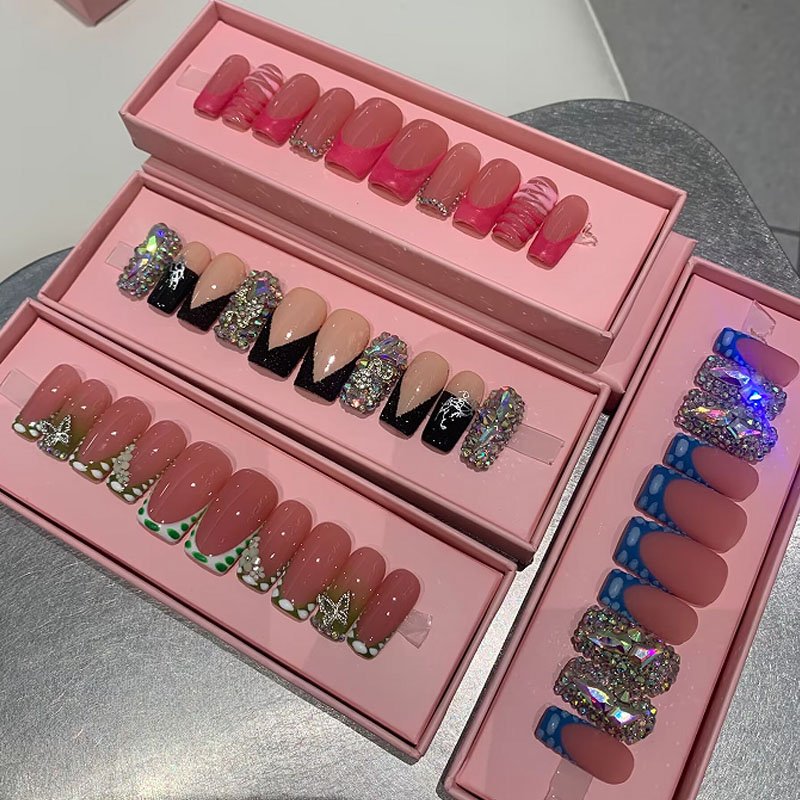 10 pcs Smooth luxury coffin Beautiful flowers Freehand painting full-cover wholesale artificial diamond hand-pressed nails