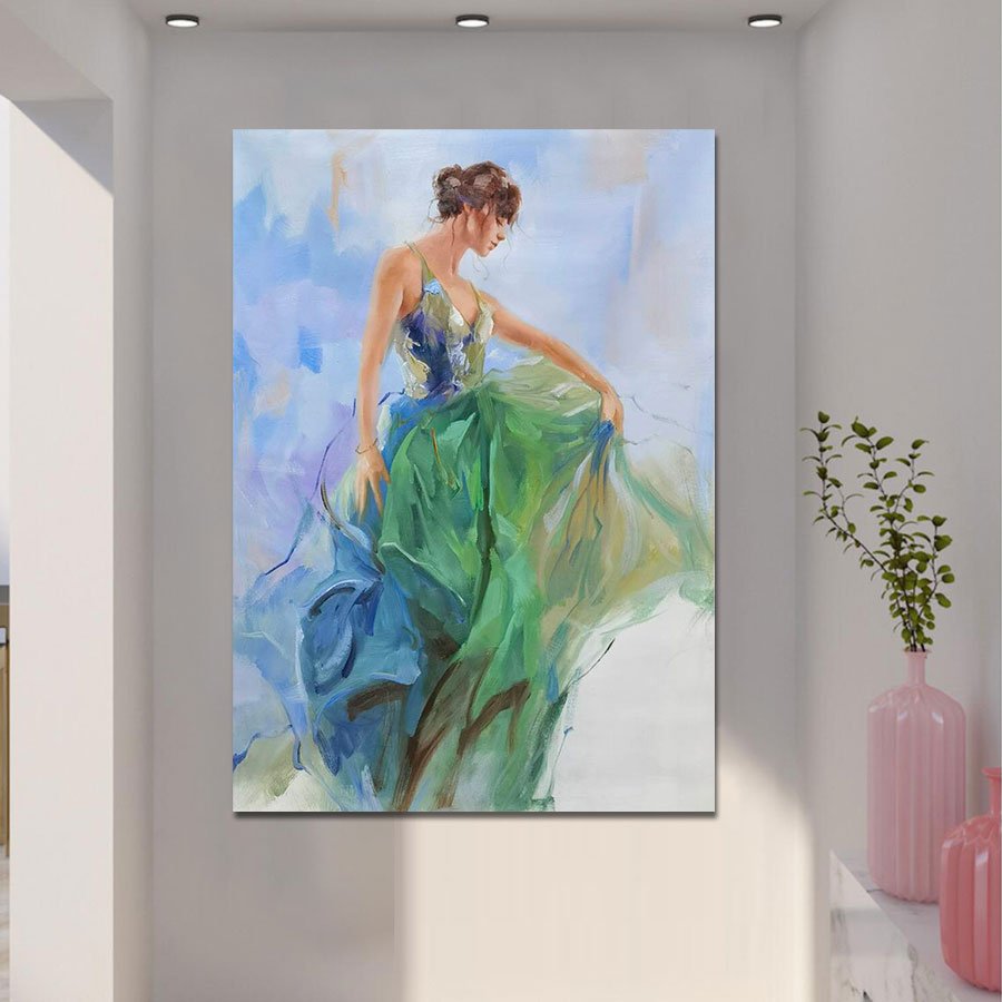 Original Art Modern Flamenco Spanish Green Lady Portrait Dancing Women Oil Painting on Canvas for Home Wall Decor