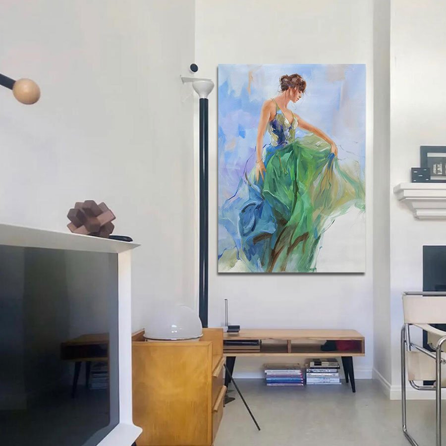 Original Art Modern Flamenco Spanish Green Lady Portrait Dancing Women Oil Painting on Canvas for Home Wall Decor