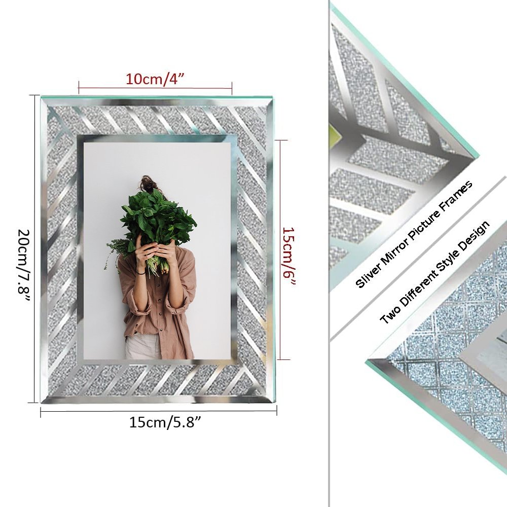 4x6 Glass Picture Frames Crush Diamond Mirror Photo Frame for Wedding Gift Full Glass Glitter Mirror