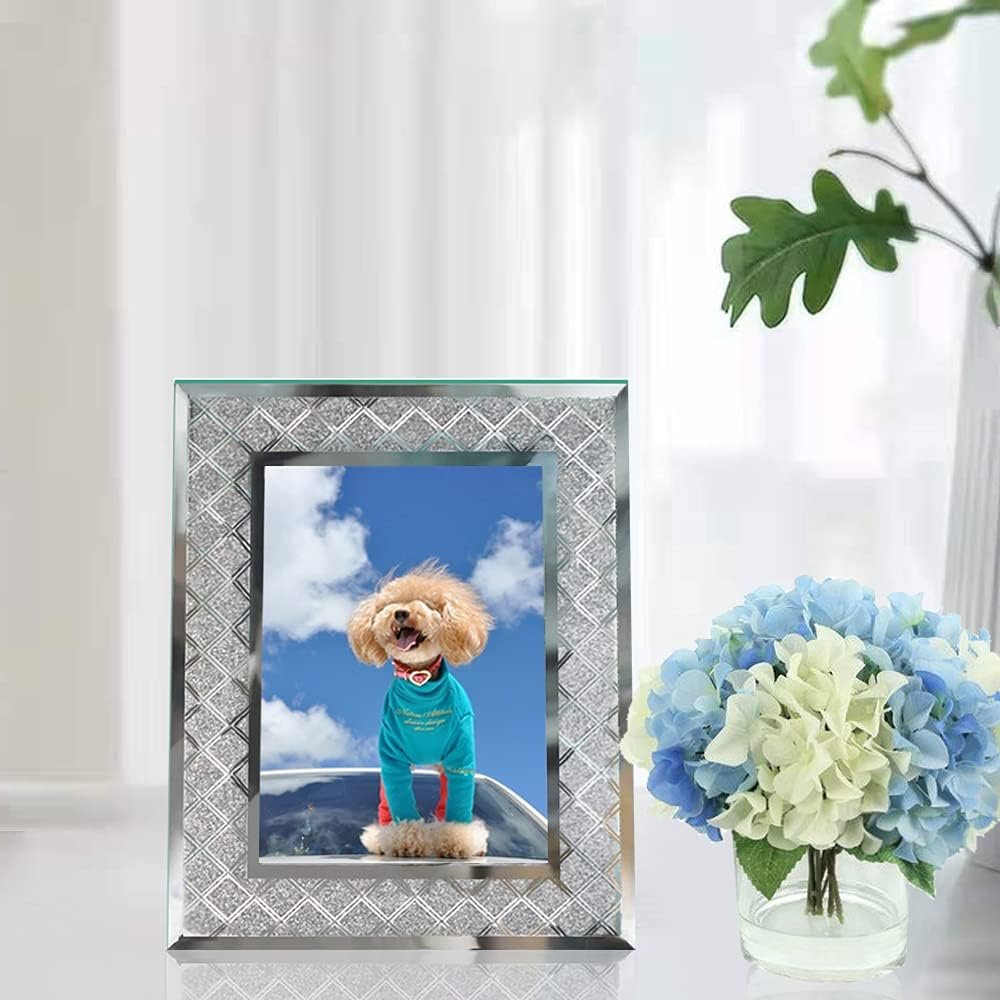 4x6 Glass Picture Frames Crush Diamond Mirror Photo Frame for Wedding Gift Full Glass Glitter Mirror
