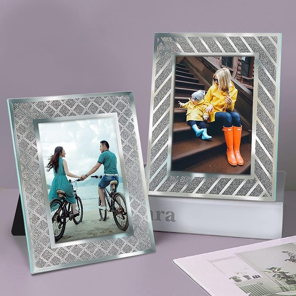 4x6 Glass Picture Frames Crush Diamond Mirror Photo Frame for Wedding Gift Full Glass Glitter Mirror