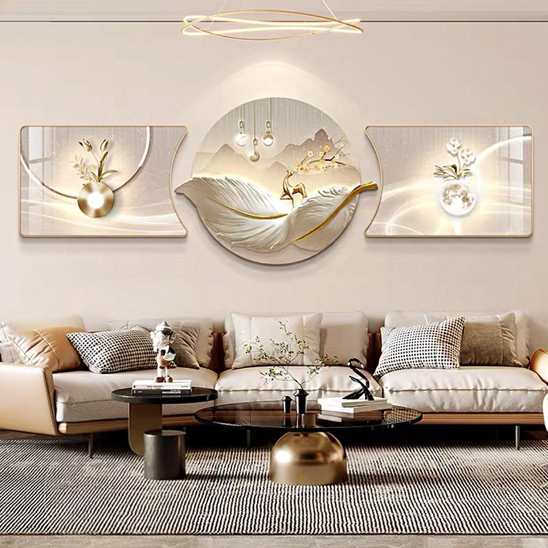 Modern luxury feather wall decoration hanging painting triptych wall painting crystal porcelain painting