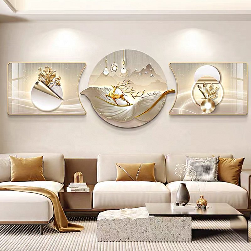 Modern luxury feather wall decoration hanging painting triptych wall painting crystal porcelain painting