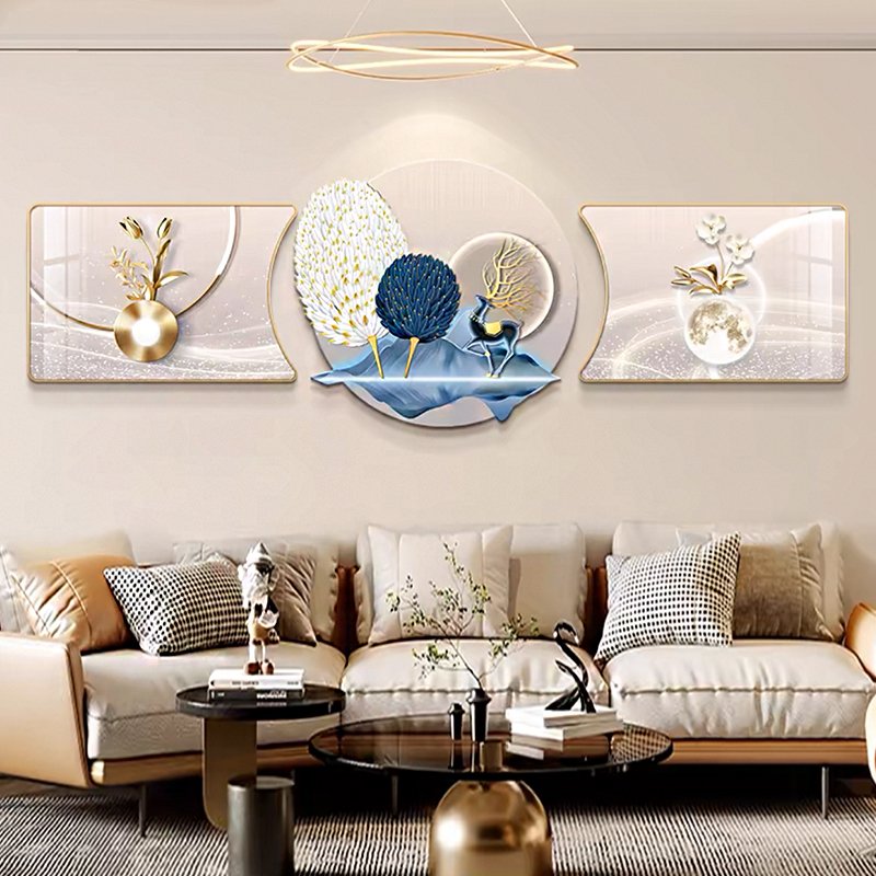 Modern luxury feather wall decoration hanging painting triptych wall painting crystal porcelain painting