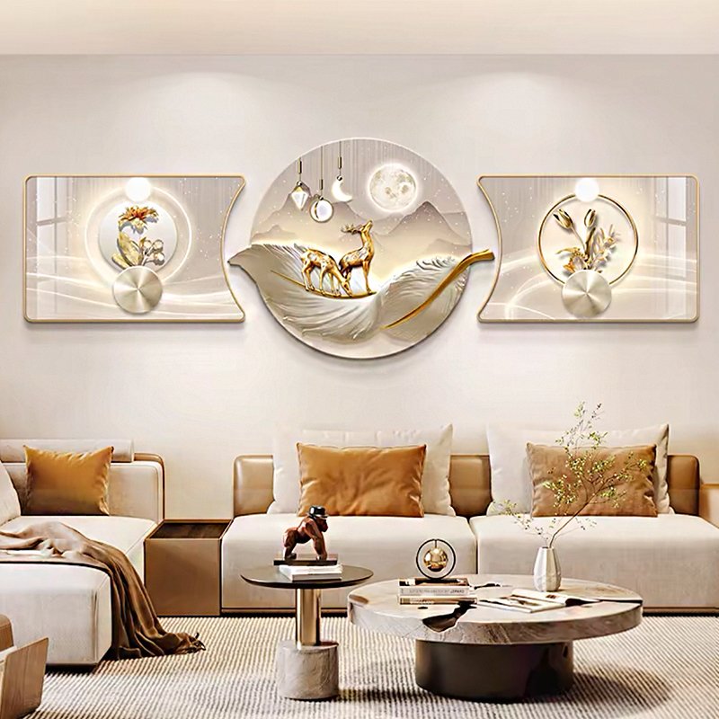 Modern luxury feather wall decoration hanging painting triptych wall painting crystal porcelain painting