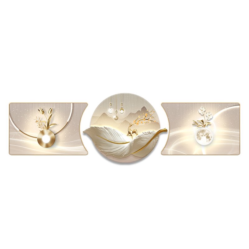 Modern luxury feather wall decoration hanging painting triptych wall painting crystal porcelain painting