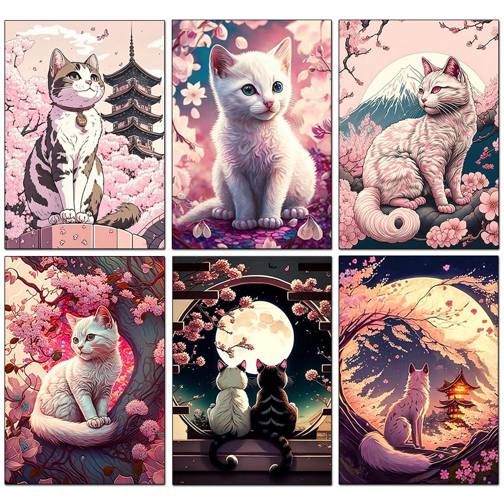 2024 Japanese Cherry Cat Picture Full Diamond Mosaic Embroidery Cross Stitch Kits Diy 5D Diamond Painting Set