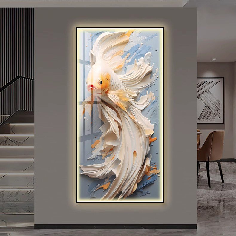 Porch decorative modern luxury carp vertical 5d diamond fish porcelain crystal paintings with led light