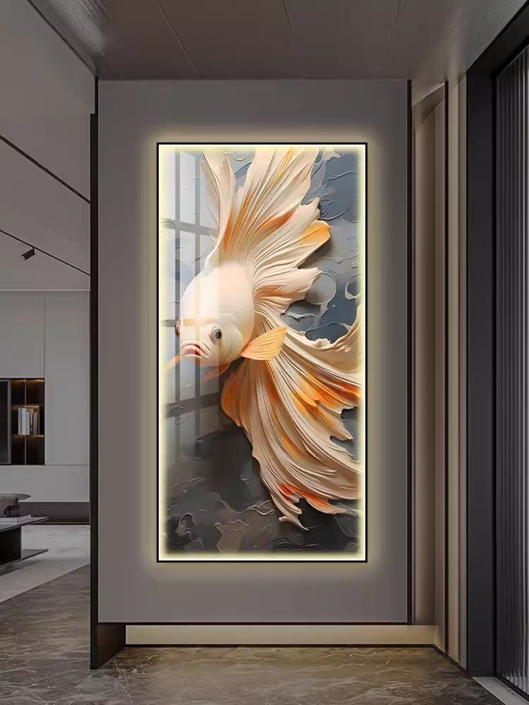 Porch decorative modern luxury carp vertical 5d diamond fish porcelain crystal paintings with led light