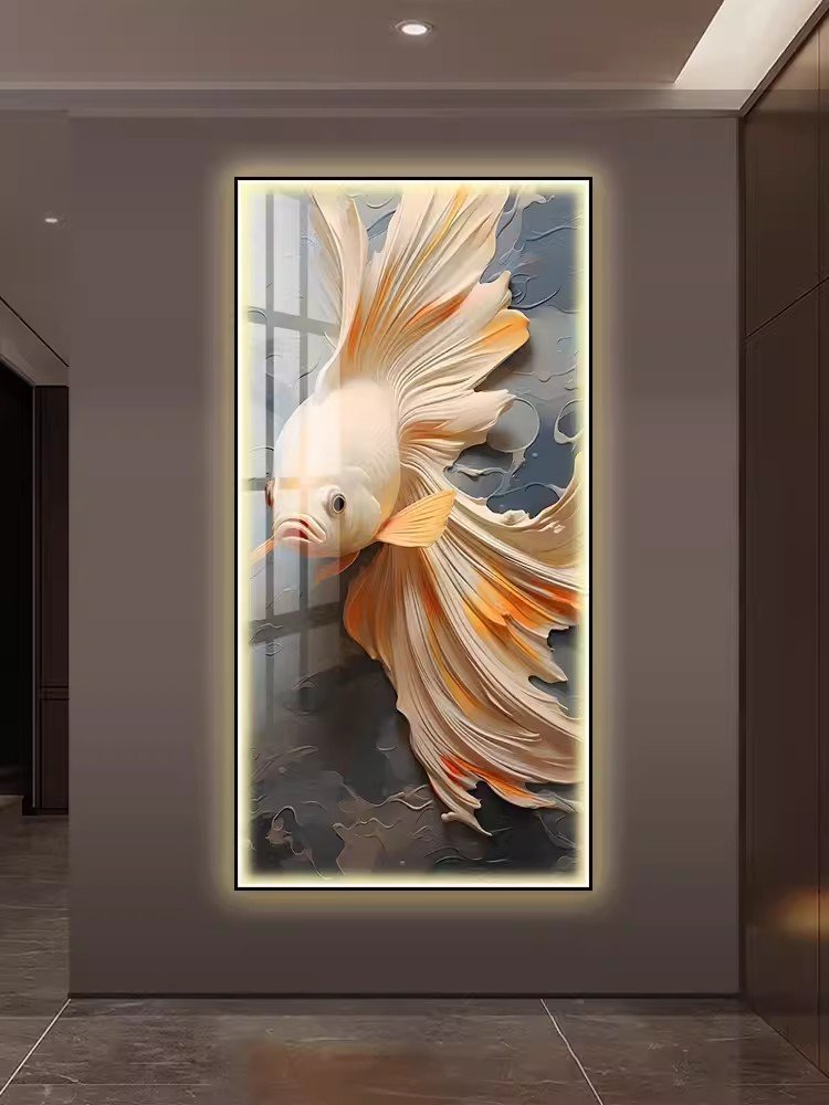Porch decorative modern luxury carp vertical 5d diamond fish porcelain crystal paintings with led light