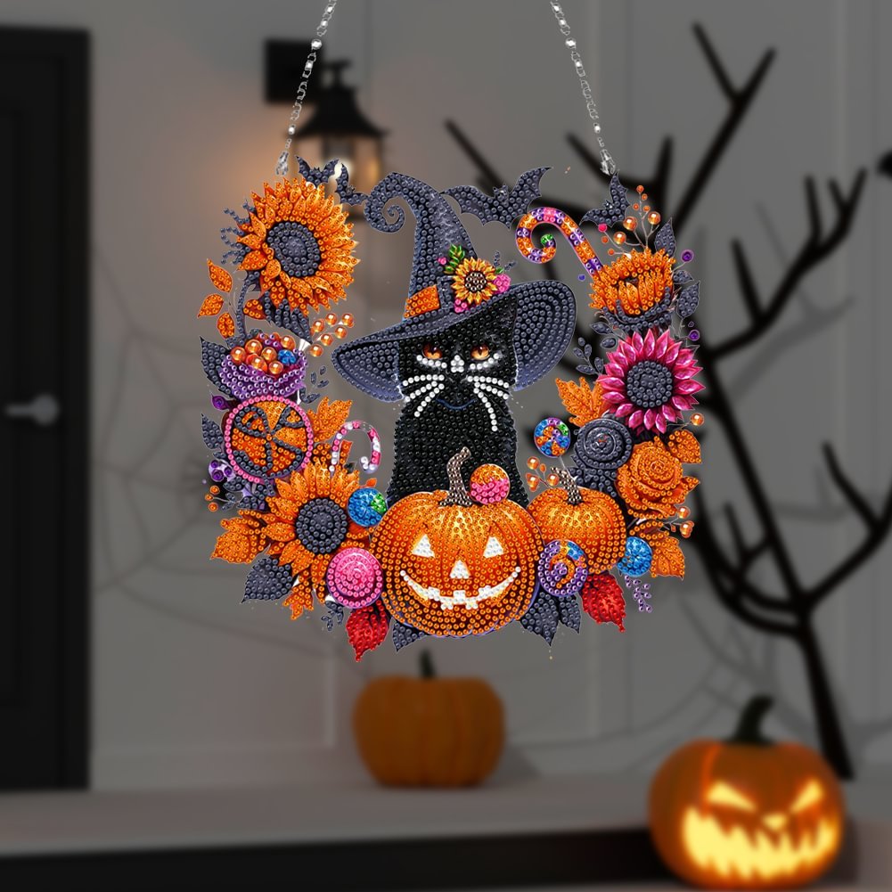1PC Halloween Black Cat Acrylic DIY Diamond Painting Pendants 5D Diamond Painting Home Decor Hanging Ornament Wreath