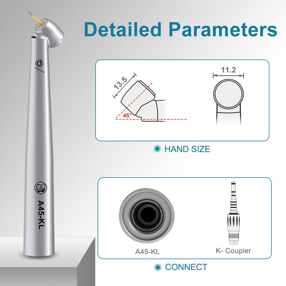 AI DENTAL AiKO Series A45-KL Optic K-Type 45-degree angle Head Dental Air Turbine High Speed Handpiece Triple Water Jet FG burs