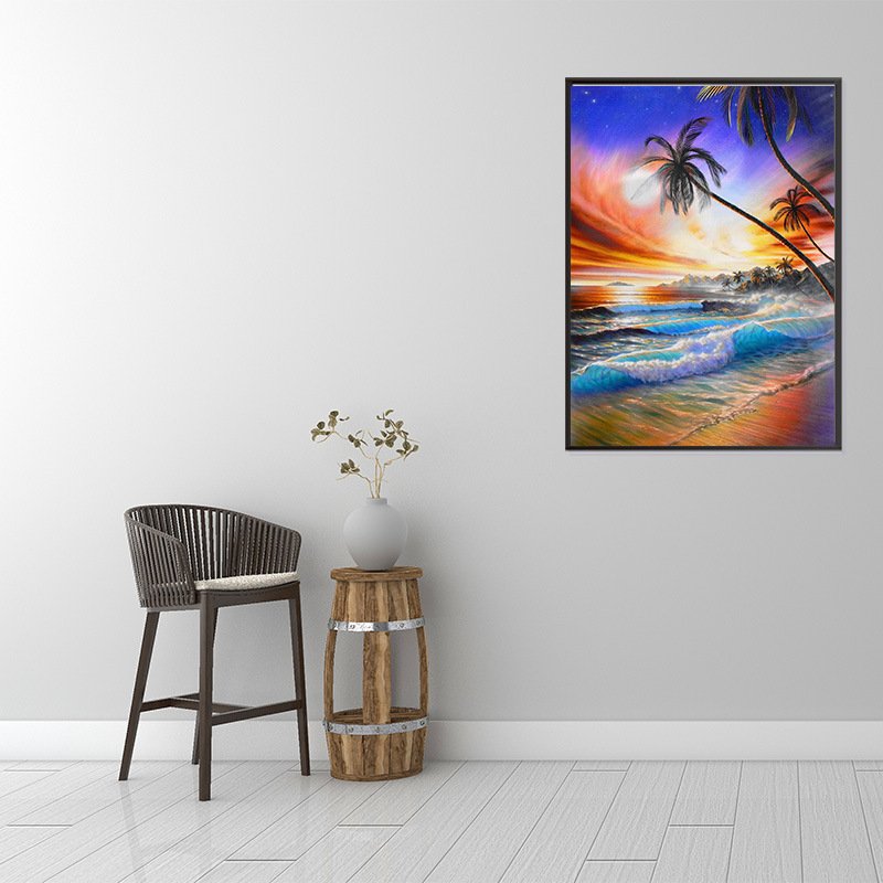 30x40cm Frameless Seaside Scenery Coconut Tree Pink Beach Beautiful Round Diamond Full Diamond Painting