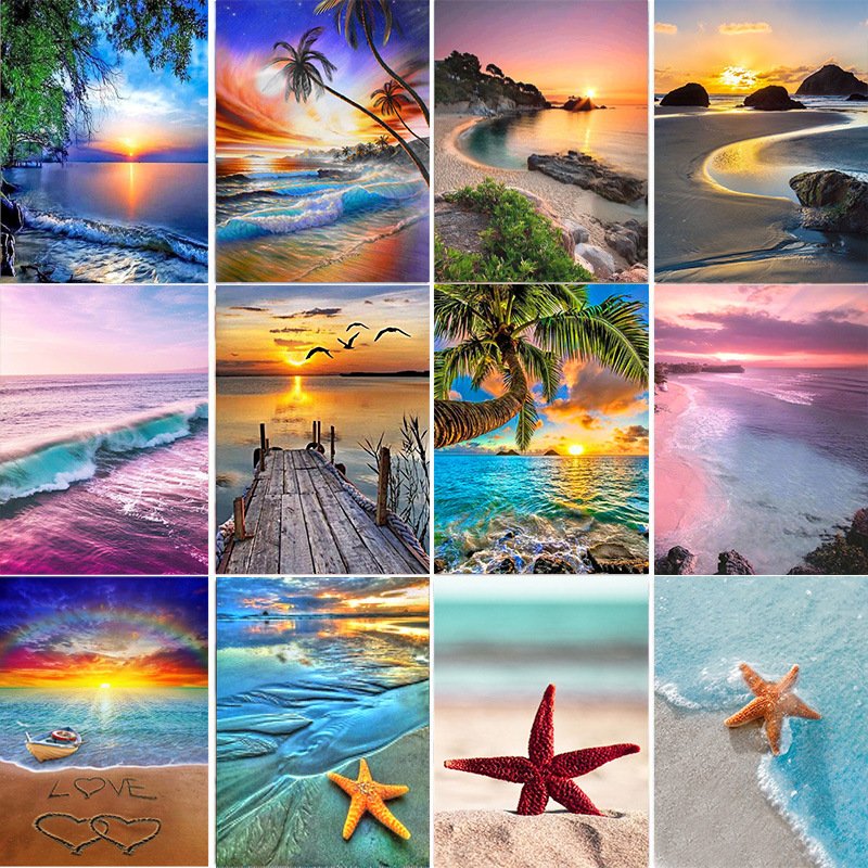 30x40cm Frameless Seaside Scenery Coconut Tree Pink Beach Beautiful Round Diamond Full Diamond Painting