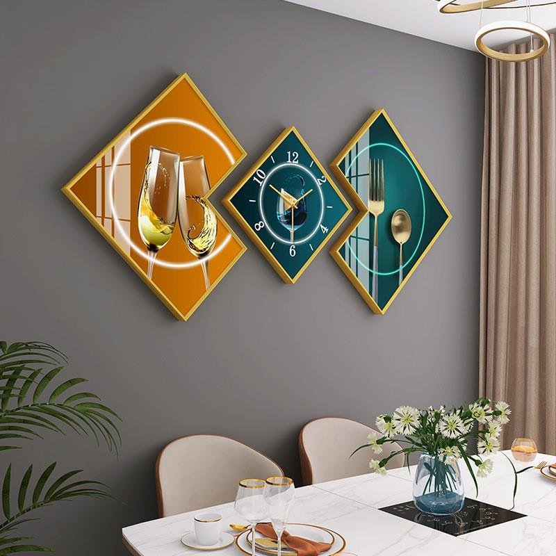 3pcs/set Fashion Abstract Wall Art Home Decor Diamond luxury landscape modern glass crystal porcelain paintings with clock art