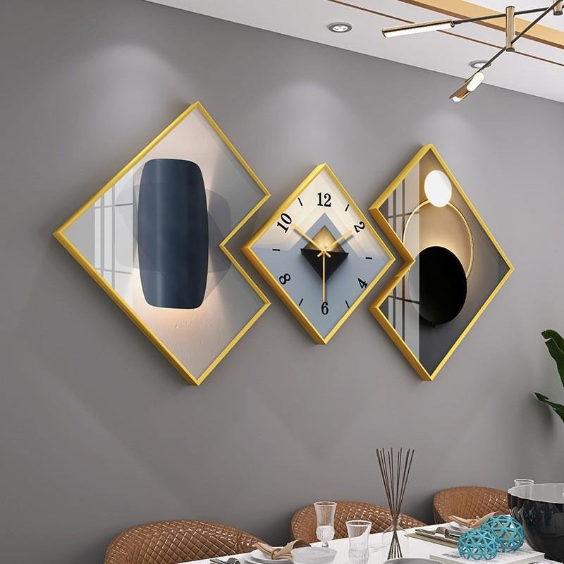 3pcs/set Fashion Abstract Wall Art Home Decor Diamond luxury landscape modern glass crystal porcelain paintings with clock art