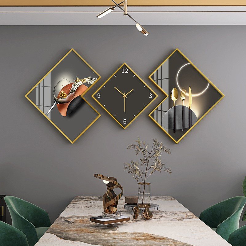 3pcs/set Fashion Abstract Wall Art Home Decor Diamond luxury landscape modern glass crystal porcelain paintings with clock art