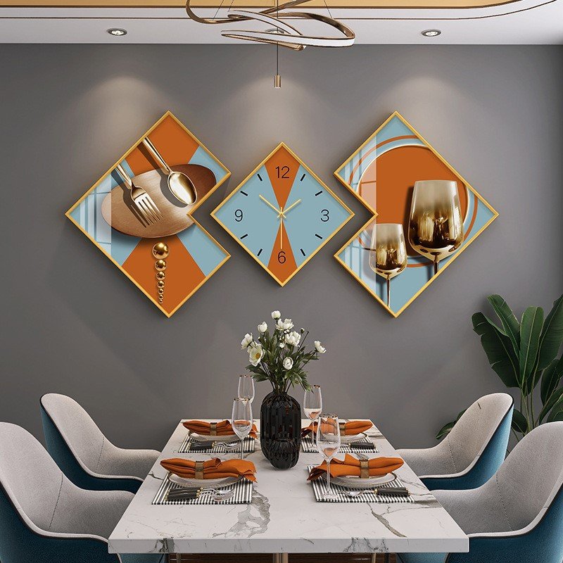 3pcs/set Fashion Abstract Wall Art Home Decor Diamond luxury landscape modern glass crystal porcelain paintings with clock art