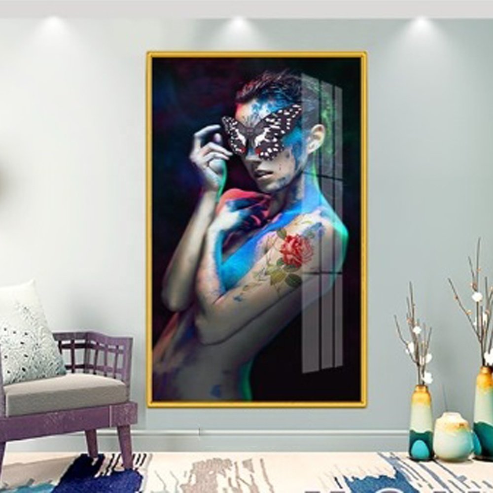 Modern minimalist artistic black girl hanging print 3D diamonds crystal porcelain painting wall art Led light nude painting