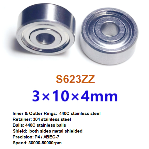 3x10x4mm ABEC7 / P4 Stainless Low Speed Dental Handpiece Bearing S623ZZ