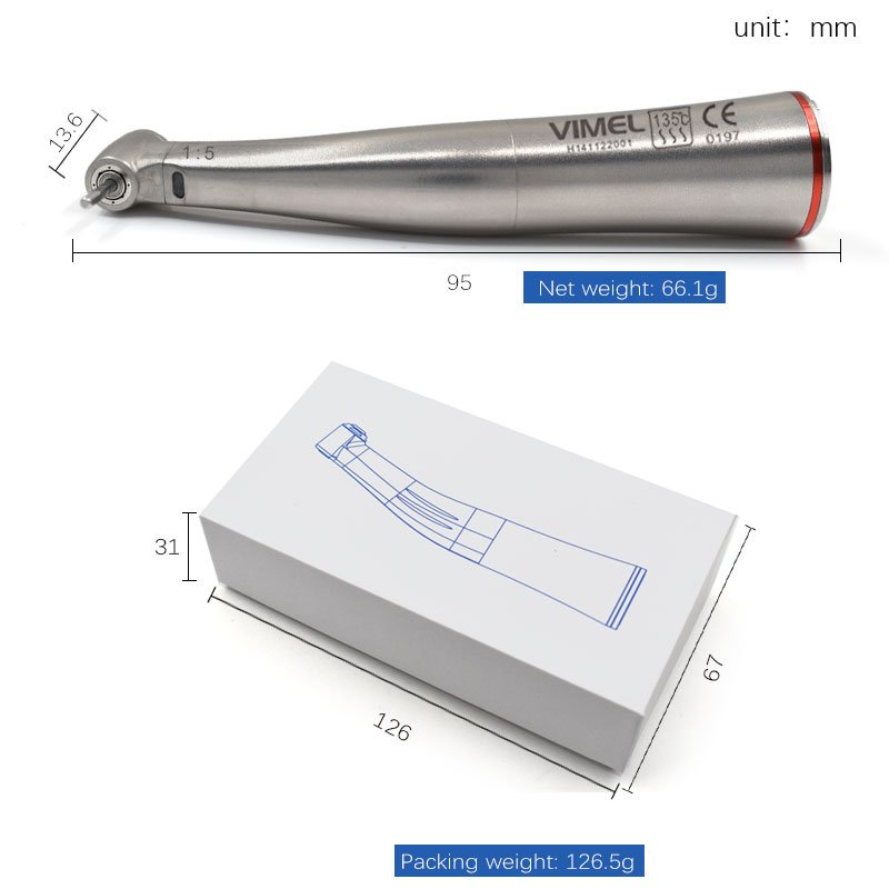 MINI Head LED 1:5 Increase Contra Angle Stainless Body Red Ring Inner Channel Dental Low Speed Contra Angle Handpiece Supplier