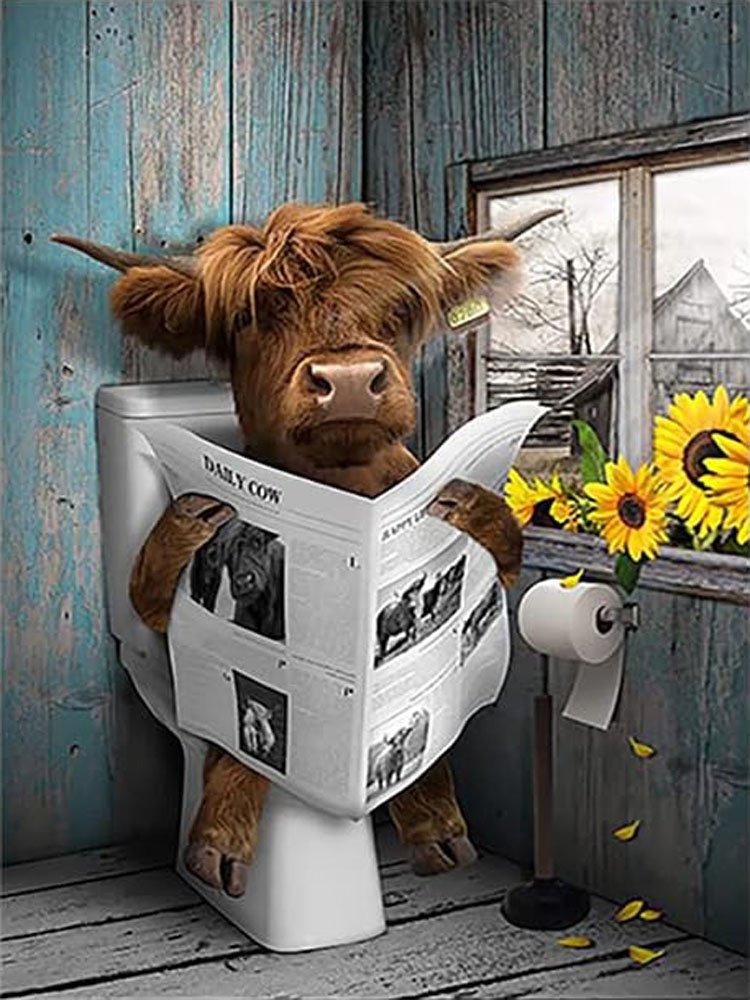 Fashion Newspaper Yak Diamond Painting Cartoon Yellow Bull Animal painting Series Decorative Mural paintings and wall arts