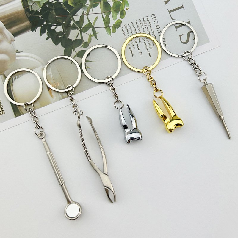 New Style Mini Keychain Metal Tray Dentist Gift Keyring Silver Dental Clinic Forceps Mirror Handpiece