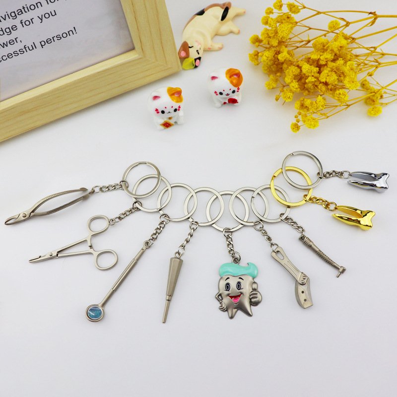 New Style Mini Keychain Metal Tray Dentist Gift Keyring Silver Dental Clinic Forceps Mirror Handpiece