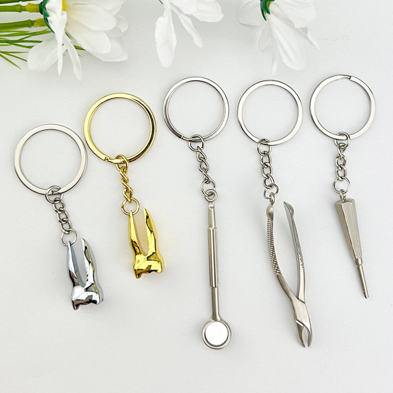 New Style Mini Keychain Metal Tray Dentist Gift Keyring Silver Dental Clinic Forceps Mirror Handpiece