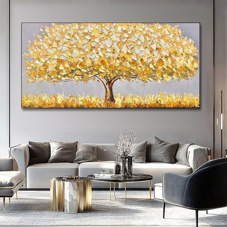 Living Room Handmade Acrylic Contemporary Textured 3D Wall Art Decor Landscape Golden Tree Painting