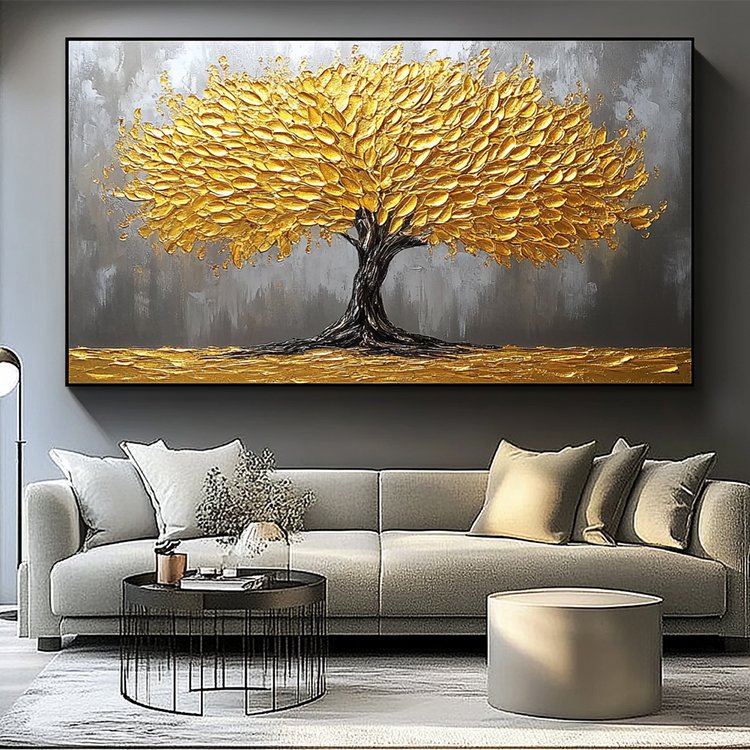 Living Room Handmade Acrylic Contemporary Textured 3D Wall Art Decor Landscape Golden Tree Painting