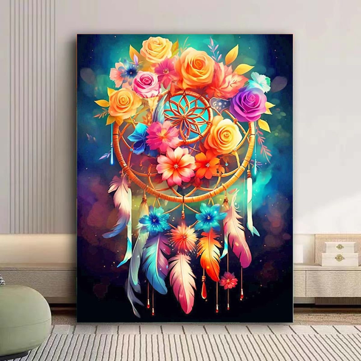 5D diamond painting with frame Diy Paint Colorful Feather Acrylic Painting With Numbers Kits On Canvas For Home Wall Decor