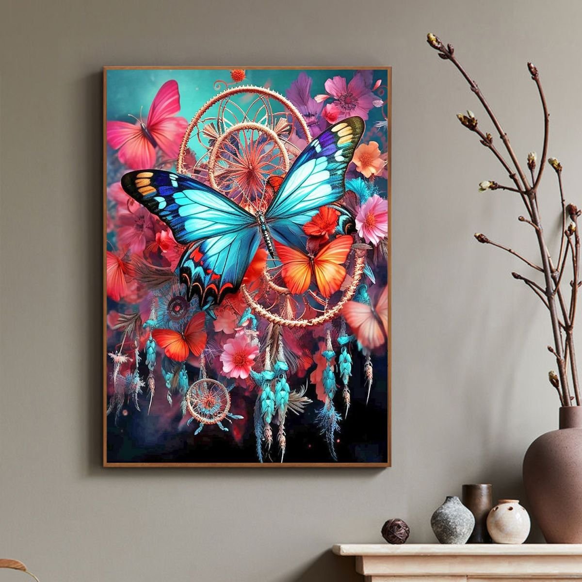 5D diamond painting with frame Diy Paint Colorful Feather Acrylic Painting With Numbers Kits On Canvas For Home Wall Decor