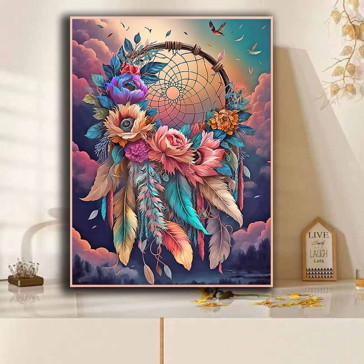 5D diamond painting with frame Diy Paint Colorful Feather Acrylic Painting With Numbers Kits On Canvas For Home Wall Decor