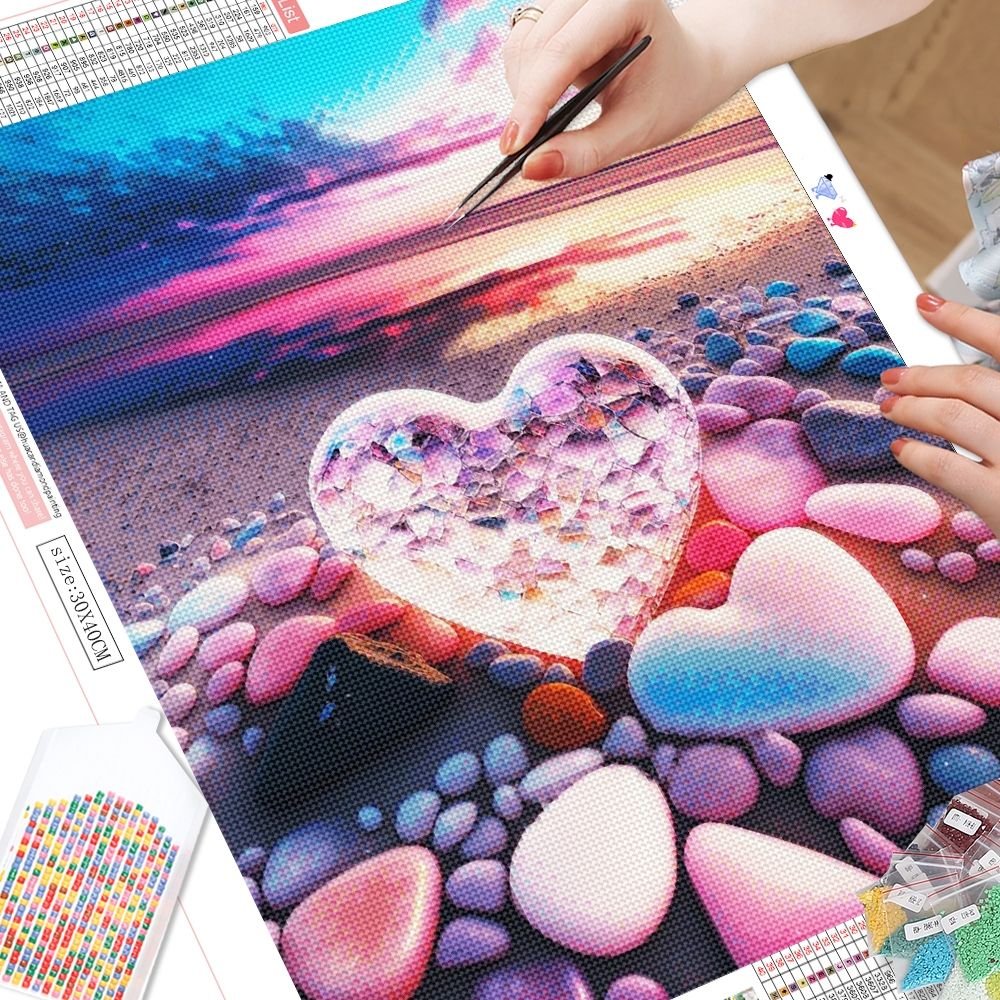 Full Drills Diamond Painting Seaside Mosaic 30x40cm Embroidery Beach Heart Stone Landscape Home Decor Rhinestones Craft Kits
