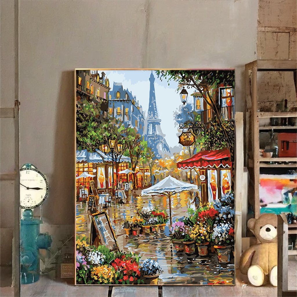 Wholesale Paris Flower Street Framed Canvas Oil Paintings Kids Suitable Home Decor Gifts Painting by Numbers Arts & Crafts