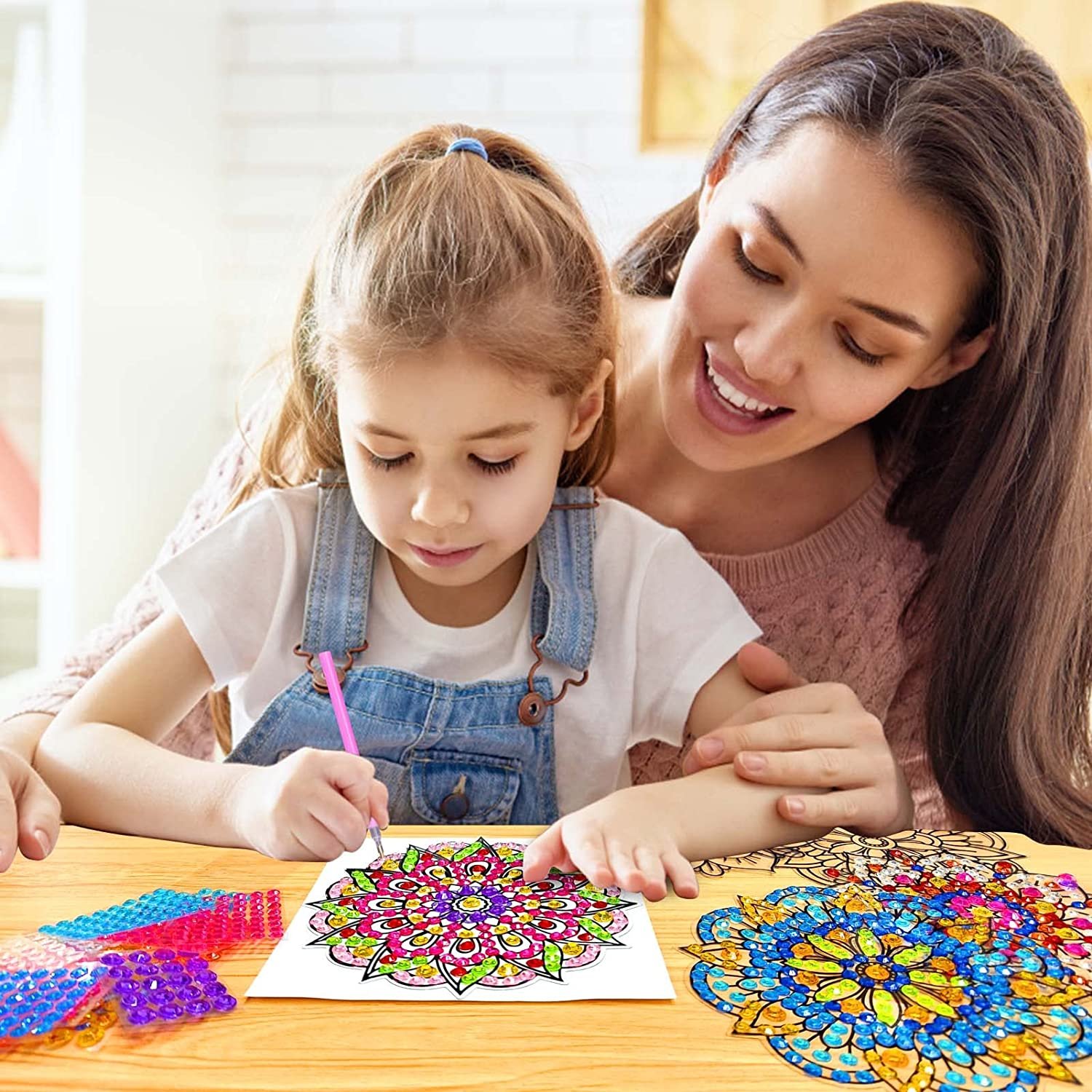 Suncatchers Diamond Art Kits, 3Pcs Mandala Sun Catchers Big Gem Diamond Painting for Kids, DIY Window Clings Gem Art Kits for Ki