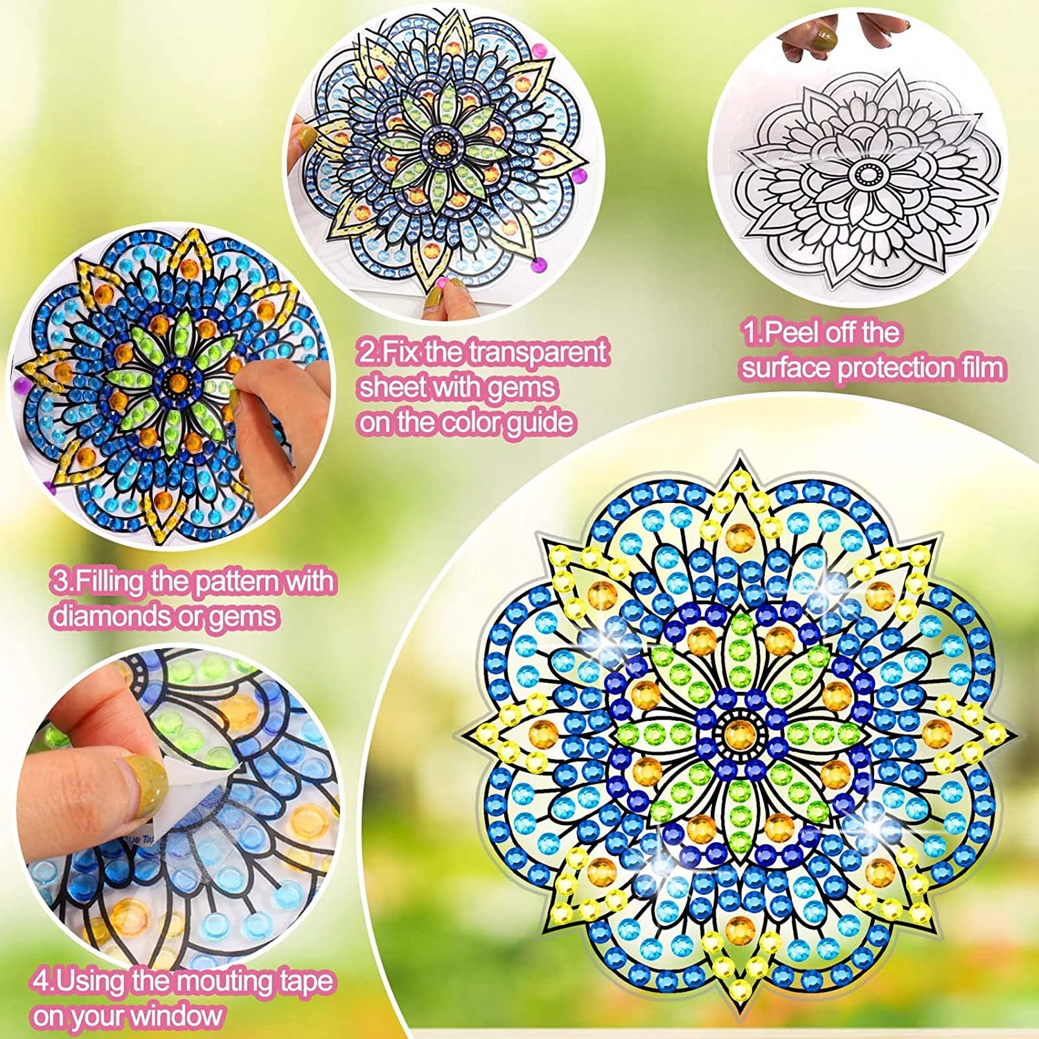 Suncatchers Diamond Art Kits, 3Pcs Mandala Sun Catchers Big Gem Diamond Painting for Kids, DIY Window Clings Gem Art Kits for Ki