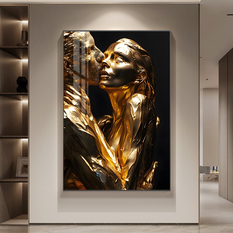 Golden Kissing Couple lover Sculpture Art Decoration Painting Modern Light Luxury Wall Art Bedroom Painting with frame