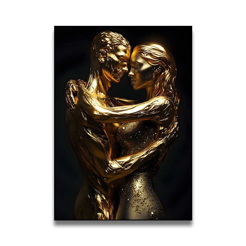 Golden Kissing Couple lover Sculpture Art Decoration Painting Modern Light Luxury Wall Art Bedroom Painting with frame