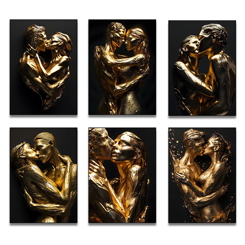Golden Kissing Couple lover Sculpture Art Decoration Painting Modern Light Luxury Wall Art Bedroom Painting with frame